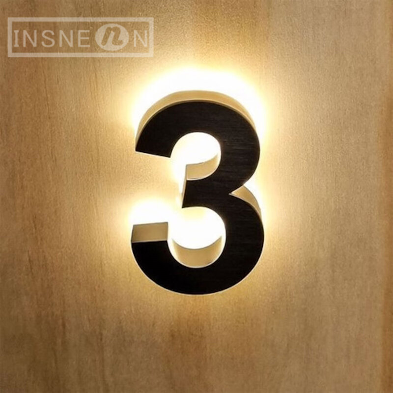Luz LED de acero inoxidable con logotipo, señal de puerta de casa impermeable, placa de dirección con letras iluminadas de Metal, para exteriores