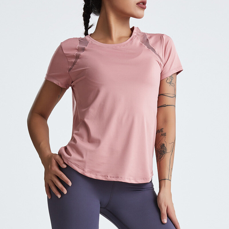 女性用半袖トップス,ゆったりとしたヨガウェア,速乾性,スポーツシャツ,中空フィットネスウェア