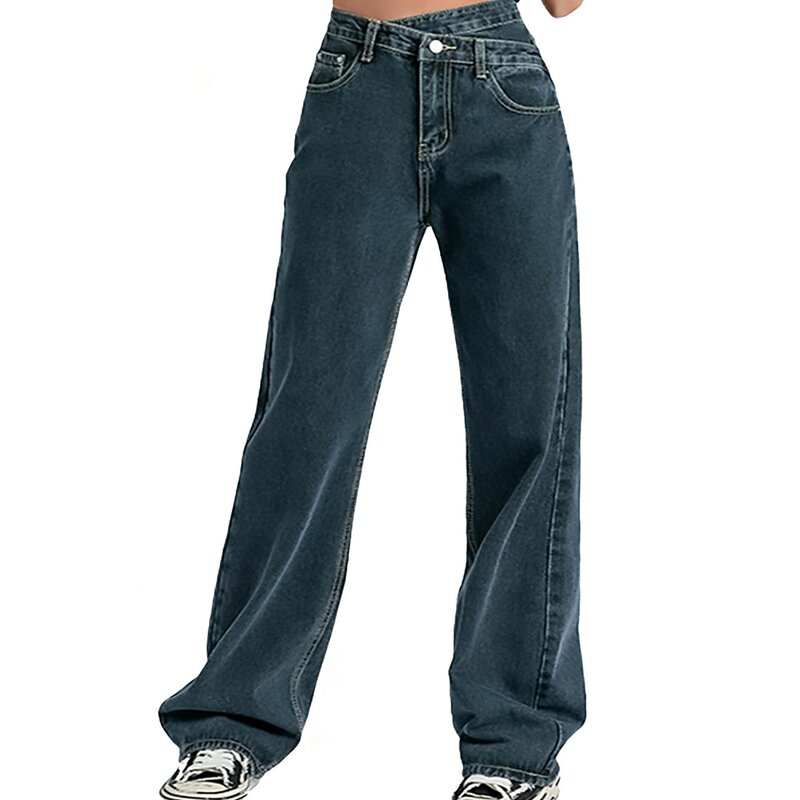 Kobiety z wysokim stanem luźne dżinsy 2023 nowe modne proste nogawki jeansowe spodnie Y2K w stylu Vintage luźny niebieski sprane dżinsy lat 90