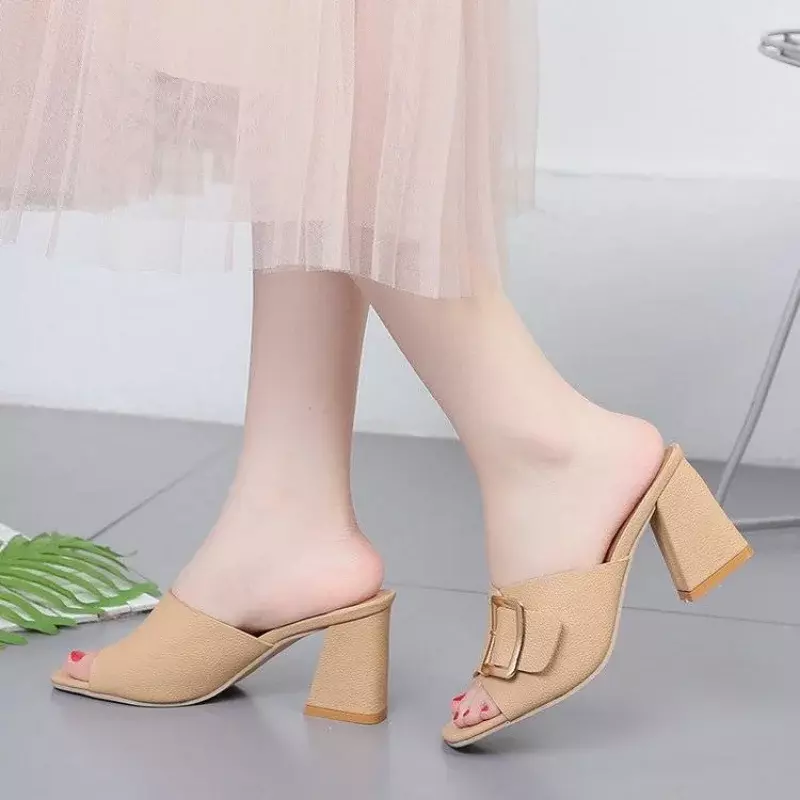 Heeled Open Toe Job Slides Outside Beige Shoes Women's Slippers and Ladies Sandals Rubber Eva Non Slip Korea Style New Vip Sale