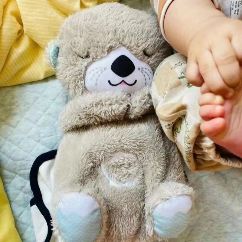 Boneka bayi bernapas beruang, kotak musik bayi menenangkan berang-berang gajah mewah suara tidur musik menenangkan lampu pendidikan dini lucu