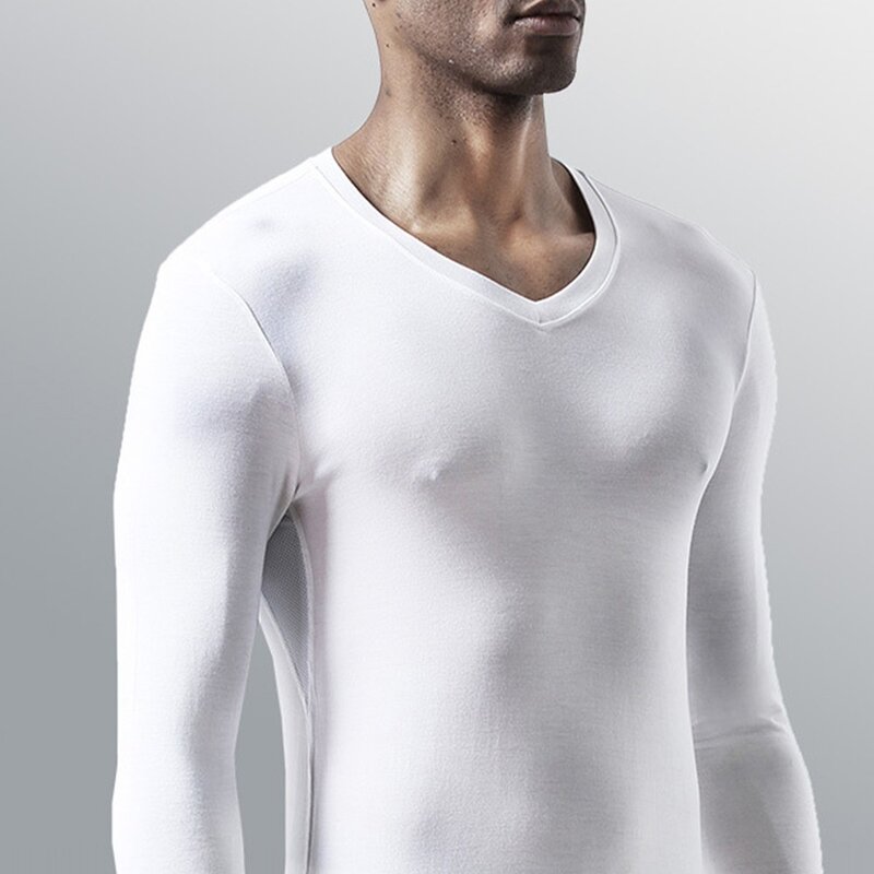 Men Long-Sleeved Bottom Shirt Autumn Winter Thermal Tops Modal Ice Silk Mesh Underwear Warm V-Neck Tee Super Elastic T-shirt