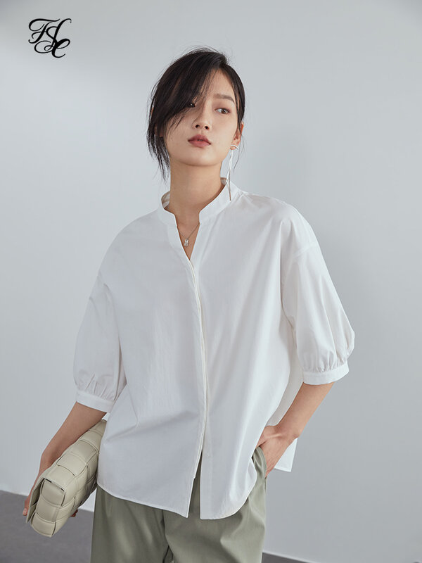 FSLE-camisa feminina de gola alta de manga curta, camisa francesa, bege, branco, azul claro, design de nicho, novo, verão