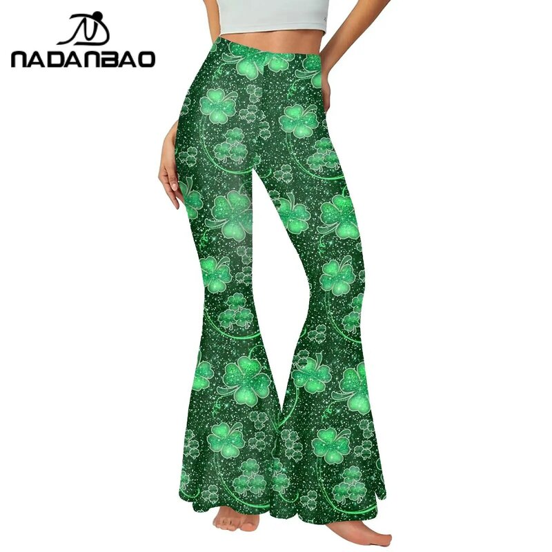 St. Patrick's Day Flare Pants Women Holiday Party Trousers Clover 3D Printed Pants Green Sexy Slim Streetwear Bottom