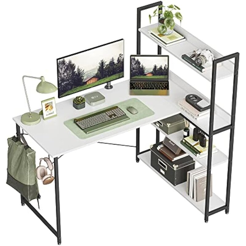Компьютерный угловой стол с полками для хранения, 47-дюймовый L-образный стол с книжной полкой, домашний офисный письменный стол с крючками