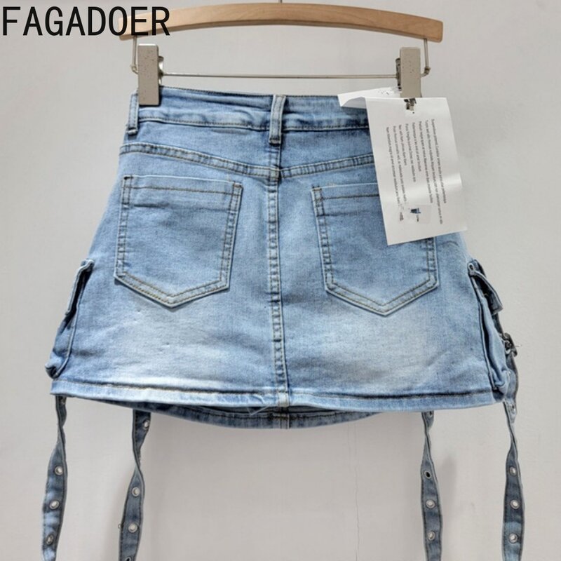 FAGADOER Fashion Denim Pocket Cargo Tassels Skirts Women High Waisted Button Mini Skirts Retro Blue Summer New Cowboy Streetwear