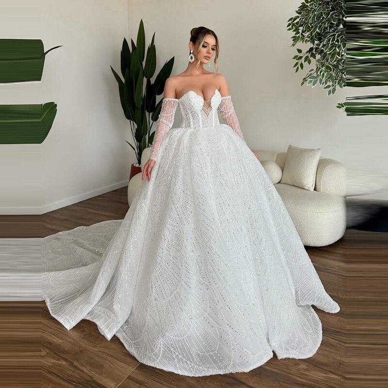 Gaun pengantin renda manik-manik berkilau dari bahu berpayet gaun pengantin Dubai ilusi gaun pesta pernikahan kristal