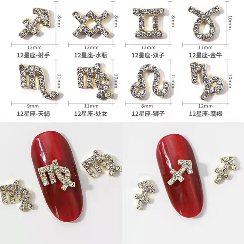 Cyrkon zodiaku paznokci Charms 10 sztuk/partia Alloy 12 konstelacji 3D znak dżetów Symbol akcesoria błyszczące Nail Art dekoracje