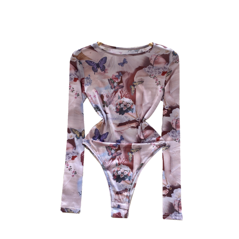 Foamlina 여성용 아메리칸 점프수트 상의, 나비 프린트 슬림핏 긴팔 티셔츠, 여아용 패셔너블 하의 바디수트, 2024 신상