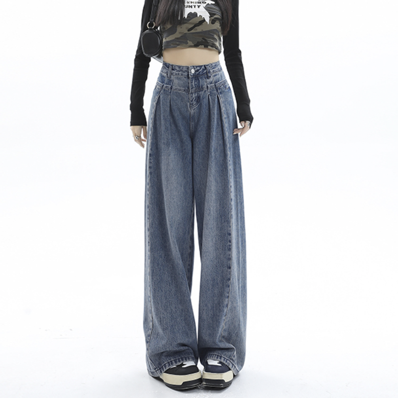 Женские мешковатые джинсы с завышенной талией, прямые тонкие драпированные универсальные широкие брюки, джинсы, корейская мода, уличная мода