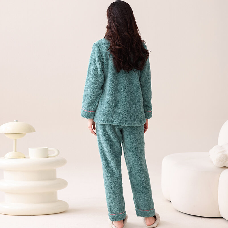 Grote Maat M-2XL Dames Pyjama Set Winter Warme Flanellen Nachtkleding Turn-Down Kraag