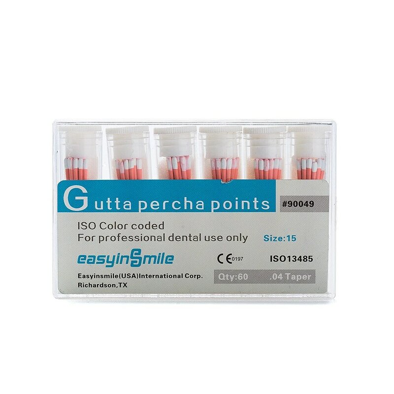 El punto easynsmile gutta - percha se utiliza para el tratamiento de la pulpa del canal radicular en todos los tamaños. 02 /.04 /.06 cono 60 / 120 / Caja