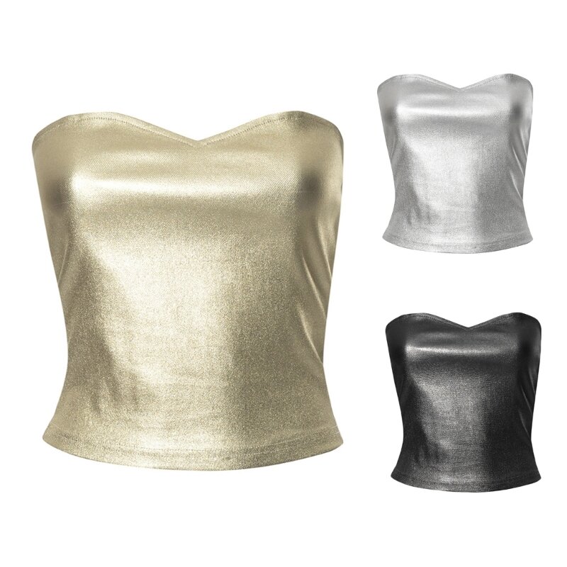 Womens Glittering Metallic Strapless Bodycon Tube Crop Top Festival Party Sexy Backless Sleeveless Bandeau Vests