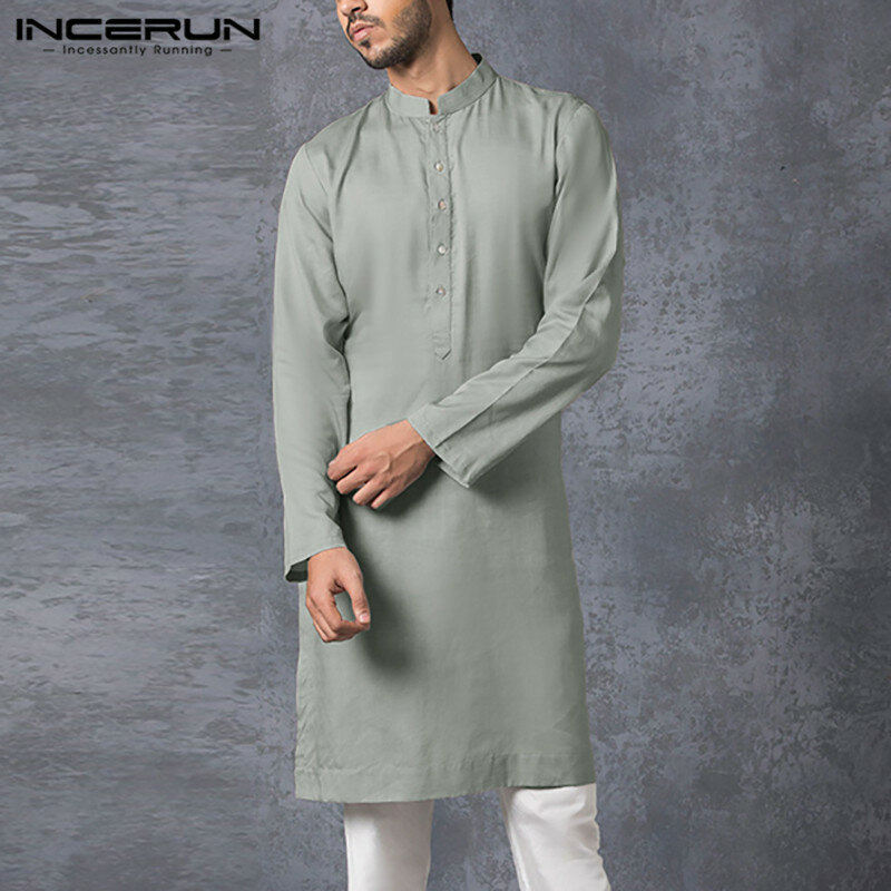 INCERUN-남성 이슬람 셔츠 스탠드 칼라 긴 소매 이슬람 아랍 Kaftan 단색 스트리트 웨어 캐주얼 롱 셔츠, 남성 의류 5XL