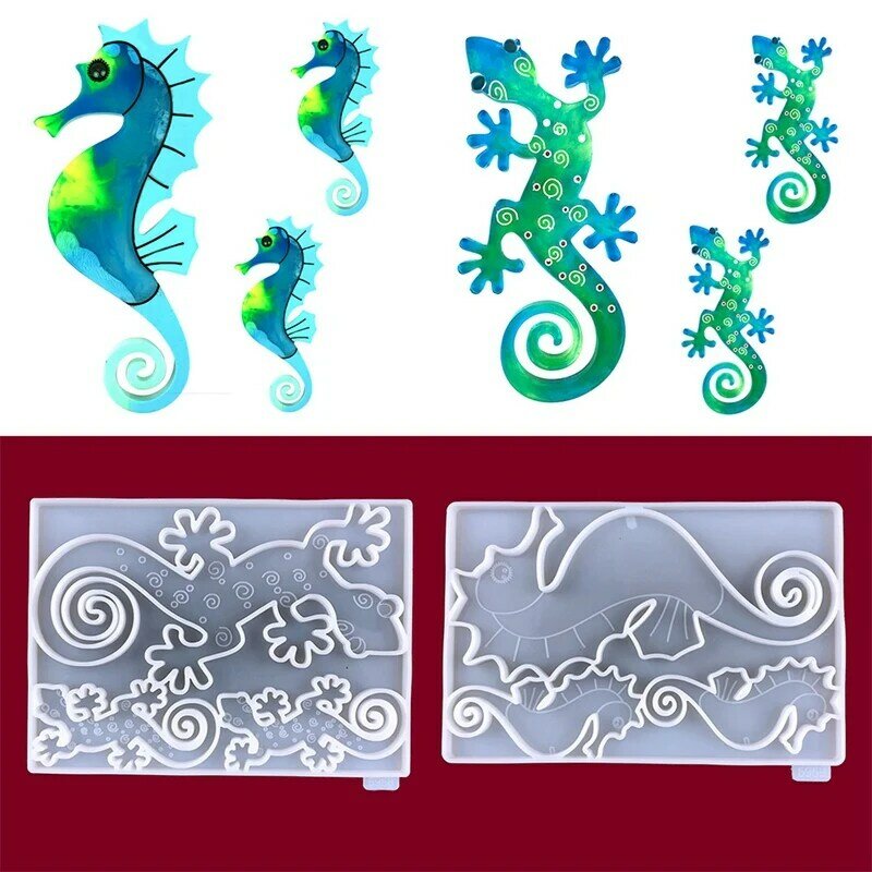 Moule en silicone pour décoration d'ornement Gecko, décoration murale Hippocampe bricolage, pendentif en cristal, moule en résine Xy pour élection, 2 pièces