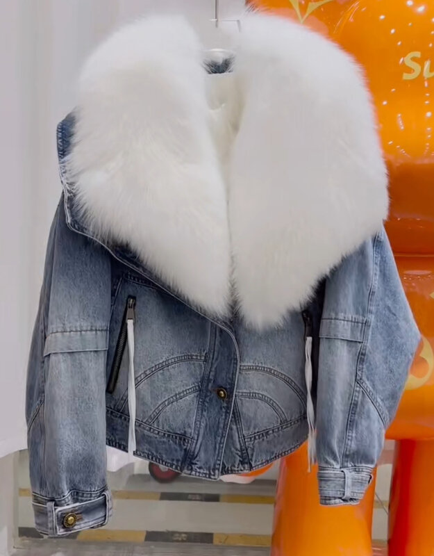 2023 Hot Sales New Fashion Denim Goose Down Big White Fox Fur Collar Detachable Goose Down Filling Inner Lining High-End Jacket