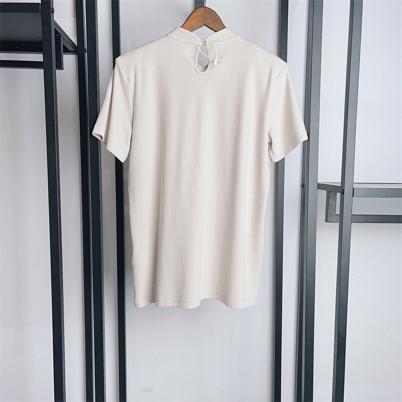 Camiseta feminina de flor de sapo com gola alta, tops soltos para senhoras, almofadas de ombro, estilo chinês, verão, 2024