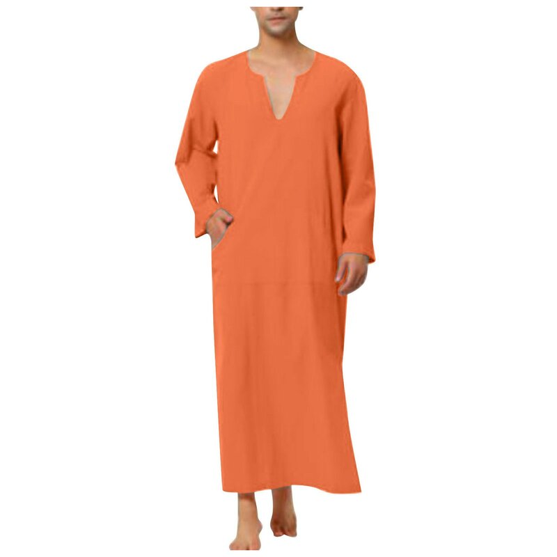 Men Thin Solid Casual Loose Muslim Robes Shirts Summer Long Sleeve V Neck Robe Islamic Saudi Arabia Malaysia Kaftan Muslim Abaya