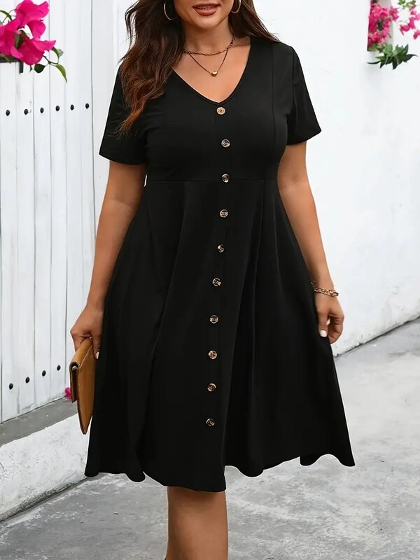 GIBSIE Plus Size Women's V Neck Button Front Black Dress Summer Short-sleeved High Waist Female Casual A-line Midi Dresses 2024