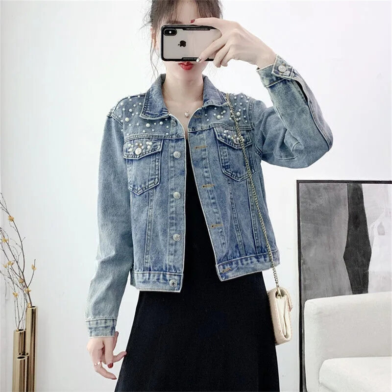 Женская короткая джинсовая куртка, повседневный Укороченный кардиган в Корейском стиле с пуговицами и жемчужинами, свободного покроя, с длинным рукавом, осень 2023