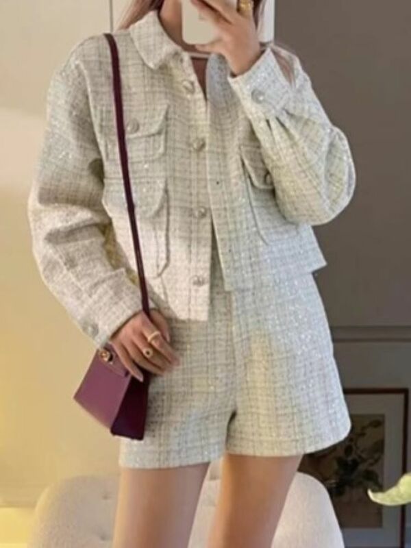 Conjunto de Tweed con lentejuelas para mujer, pantalones cortos elásticos de cintura alta o chaqueta de manga larga con bolsillos y cuello vuelto de una sola botonadura