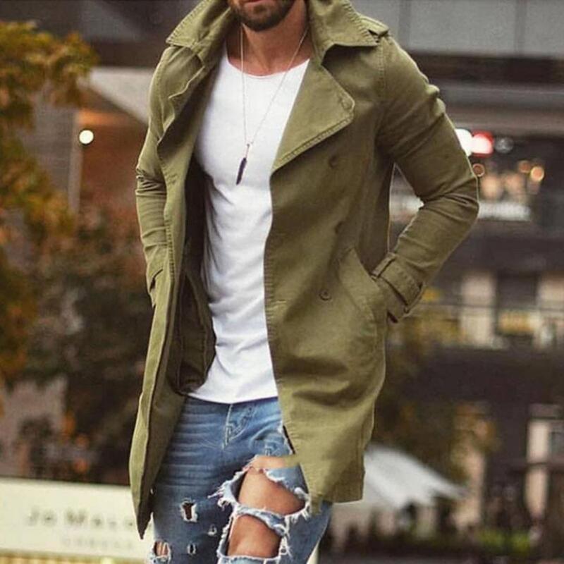 Men Trench Coat Stylish Men's Slim Fit Mid Length Lapel Coat with Pockets Windproof Breathable Streetwear Jacket for Autumn Plus