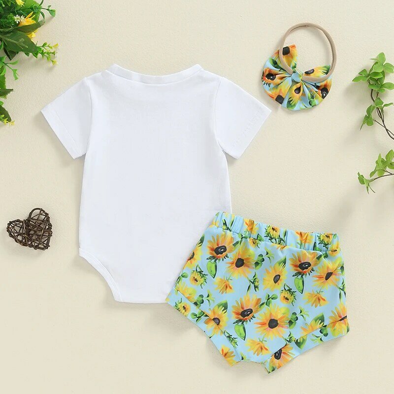 Conjunto de ropa de verano para niñas pequeñas, Pelele de manga corta con estampado de letras, pantalones cortos de flores con diadema