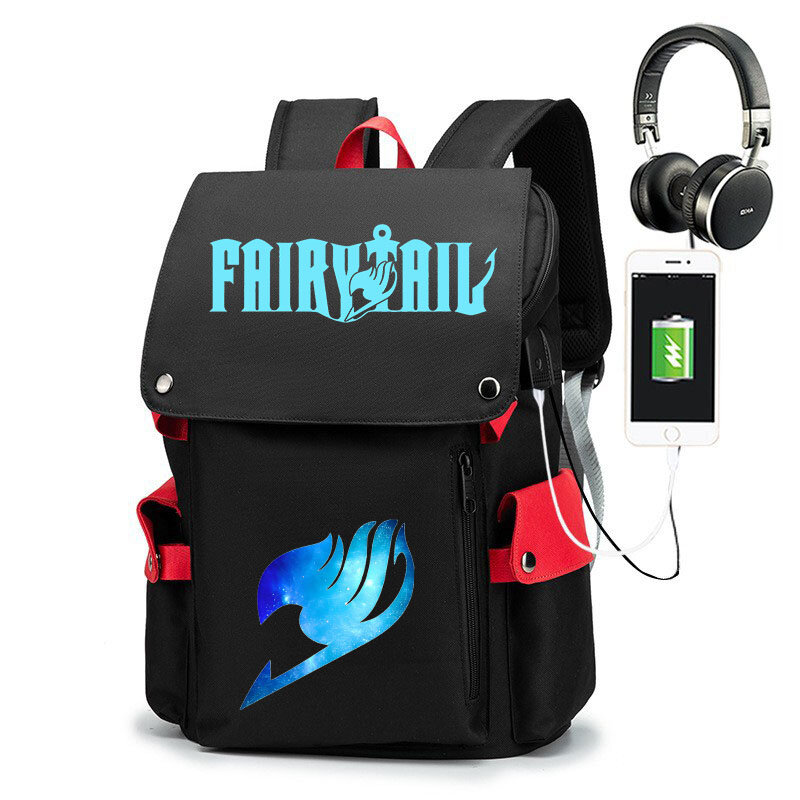 Fairy Tail plecak dla dzieci kreskówka torba podróżna na zewnątrz torba szkolna nastolatka torba rekreacyjna torba czarny USB