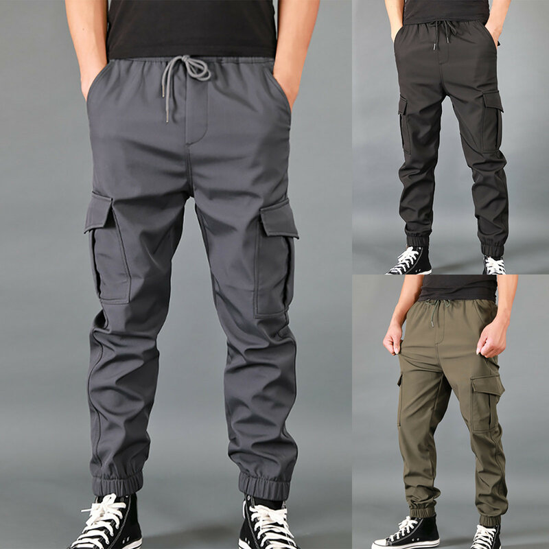 Calça de cintura média masculina, macacão com bolsos, estilo de rua casual ao ar livre, cor sólida, tendência da moda