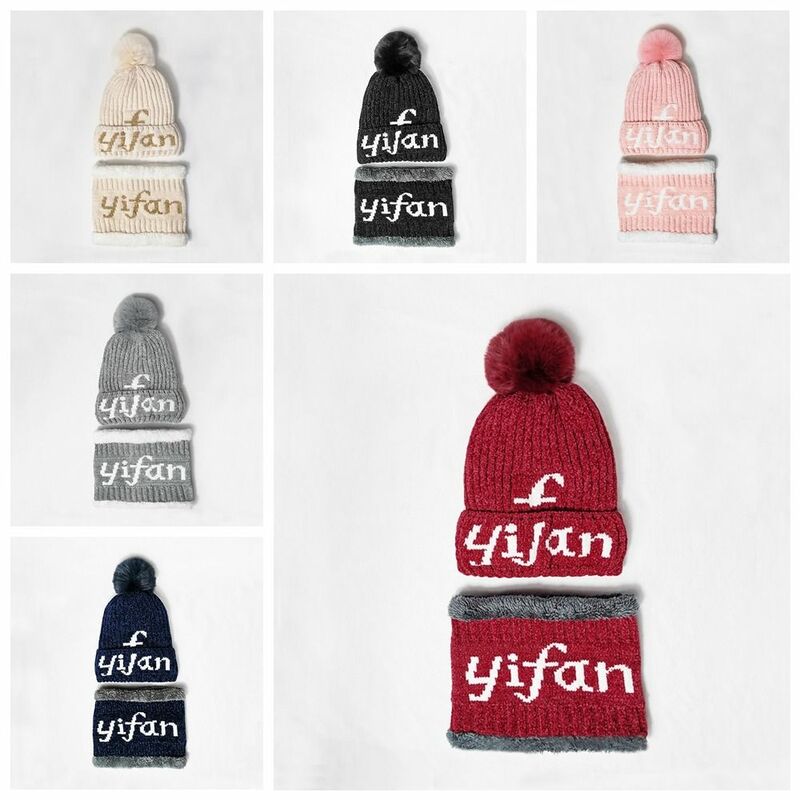 Plush Ball Knitted Hat Elegant Plush Letter Thicken Warm Beanies Cycling Caps Windproof Winter Neckerchief Cap Ski