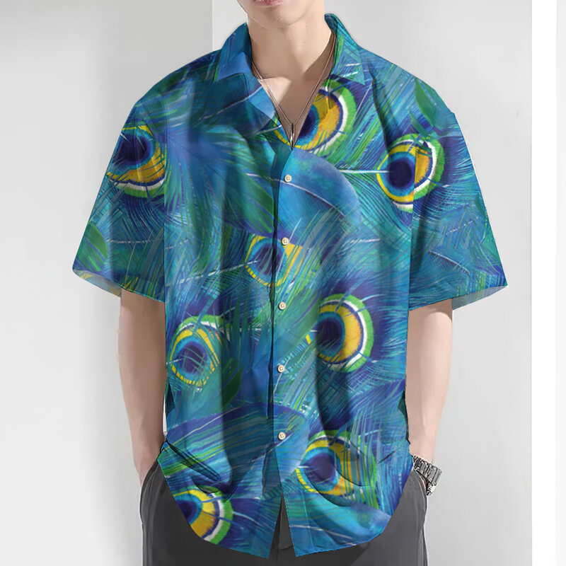 New Summer Men's Shirt 3d Peacock Feather Print Hawaiian Shirts For Men Daily Casual Man Clothing Loose Oversized Lapel Shirts