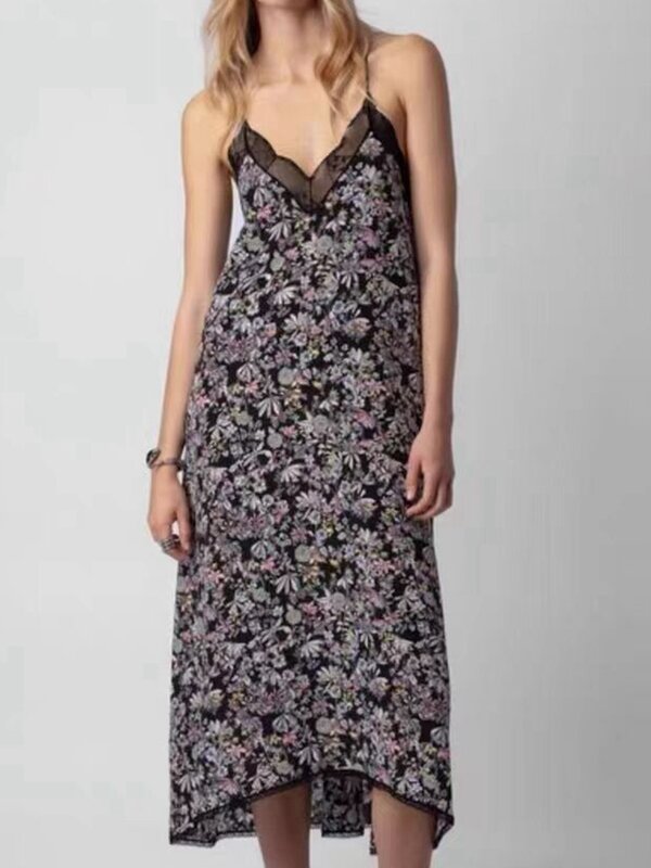 Модный и высококачественный цветочный принт с кружевным украшением для женского черного платья на бретелях с V-образным вырезом Длинная юбка