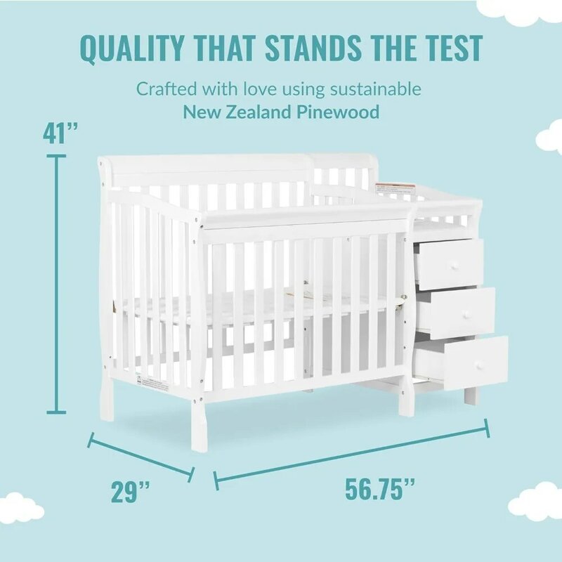 Jayden 4-in-1 Mini Convertible Crib And Changer in White, Greenguard Gold Certified, Non-Toxic Finish, New Zealand Pinewood,