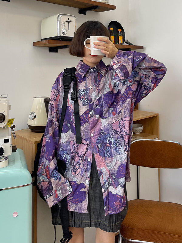 Camisas de manga larga con pintura al óleo para mujer, ropa de primavera y otoño, holgada, estilo retro e informal