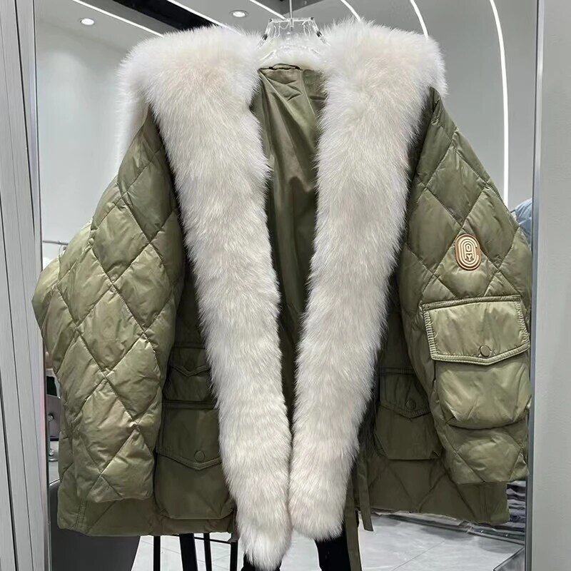 여성용 진짜 모피 화이트 덕 다운 재킷, 대형 인조 여우 모피 칼라, 롱 다운 코튼 재킷, 겨울