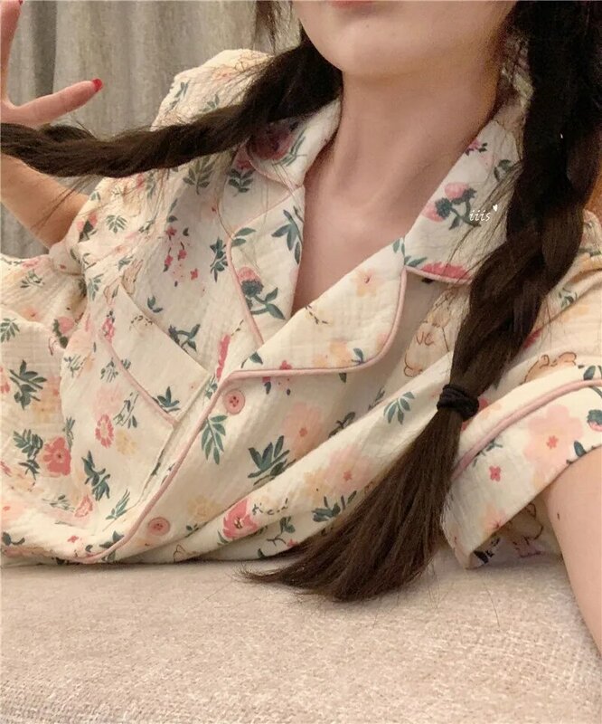 Rabbit Flowers Summer Pajamas Set Women Kawaii Single Breasted Shirts + Shorts Two Piece Home Suit Cotton Sleepwear Ins
