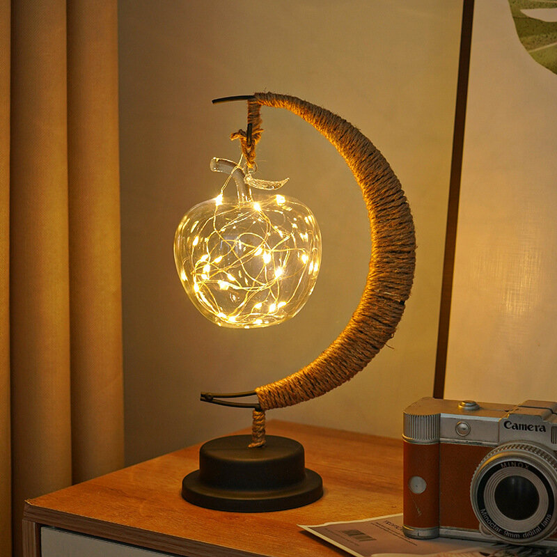 مصباح LED بجانب السرير للقمر والنجم ، كرة كرمة ، إبداعي ، حبل قنب ، Tieyi ، USB ، ديكور ، مصباح ليلي