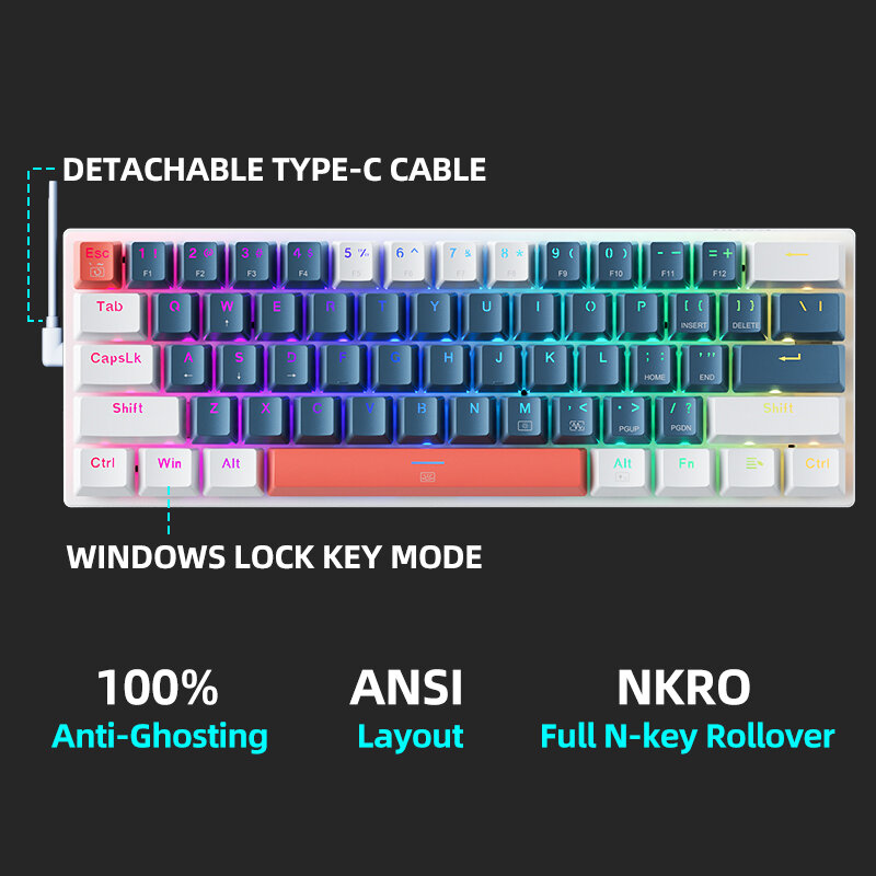 Machenike K500-B61 мини механическая клавиатура 60% форм-фактор 61 клавиша игровая клавиатура Проводная полноклавишная Горячая подсветка RGB
