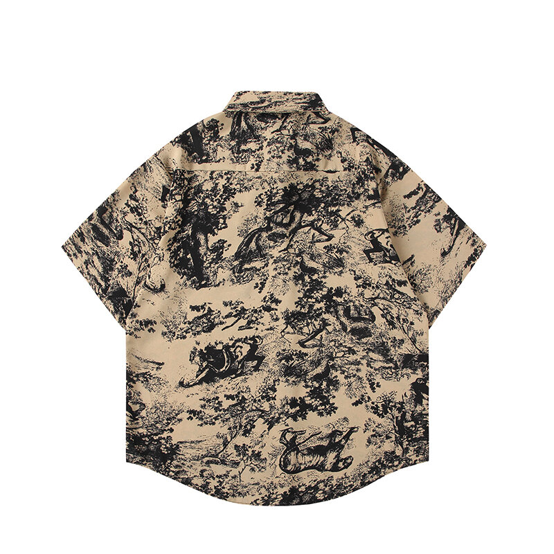Tiled national style shirt summer ice silk short-sleeved shirt for men Hong Kong fashion casual design sense