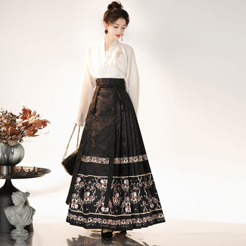 Новая женская юбка Hanfu для взрослых с вышивкой династии Мин, улучшенная юбка с длинным рукавом в национальном стиле
