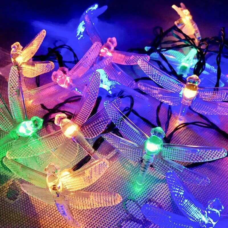 Guirnaldas de luces solares de 12m, lámpara Solar con forma de libélula, copo de nieve, flor, guirnalda de luces LED, decoración navideña para jardín y exteriores