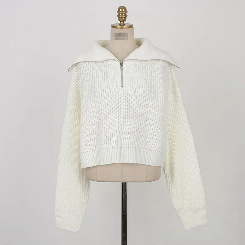 Suéter de punto de moda coreana para Mujer, Tops holgados con solapa grande y cremallera, Jersey corto, otoño e invierno, 23880