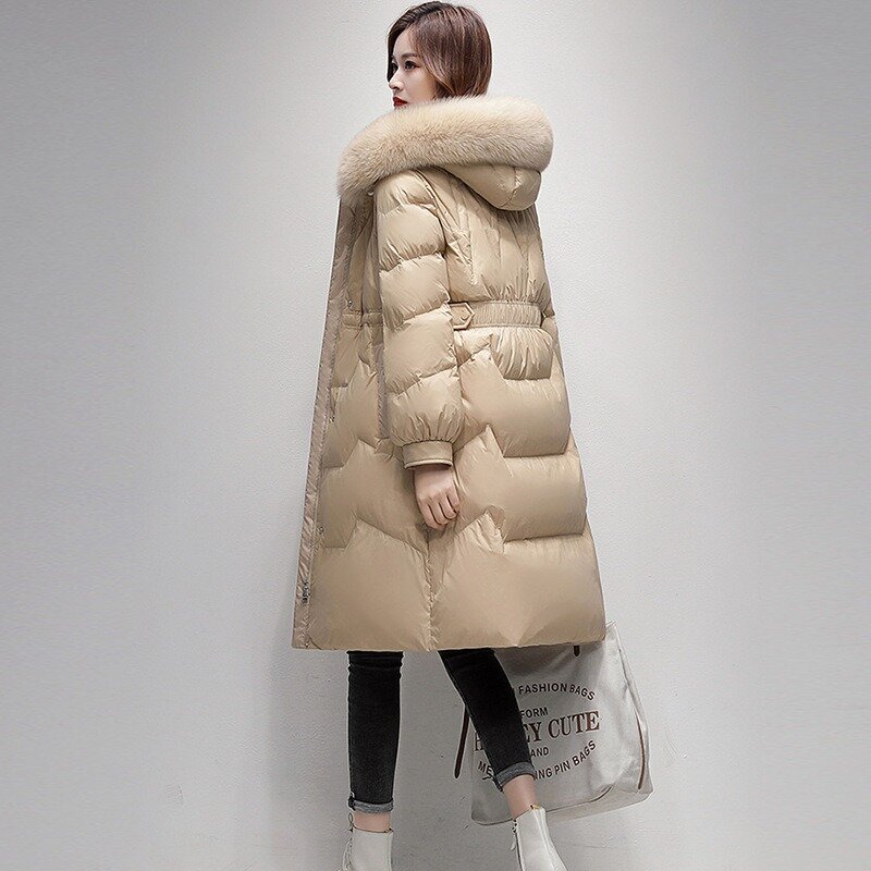 2023 New Women Down Jacket Winter Coat Female Mid Length Version Parkas Warm Slim Fit Outwear Hooded Fur Collar Overcoat