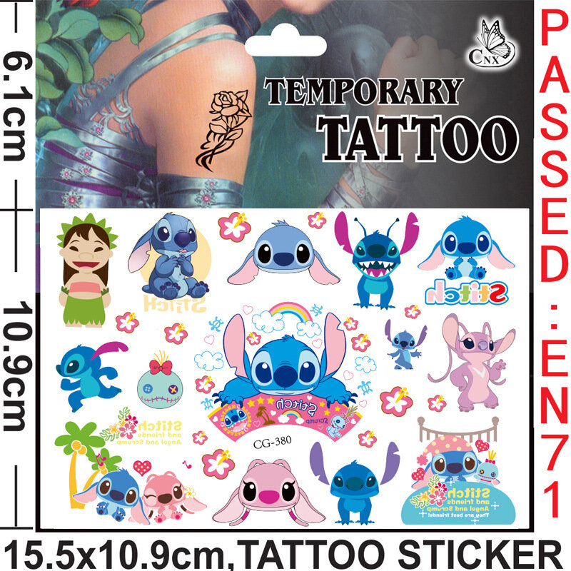 Disney Stitch-pegatina de tatuaje de Lilo Stitch para niños y niñas, 2 piezas al azar, película de Anime, impermeable, dibujos animados Kawaii, juguete de regalo de cumpleaños