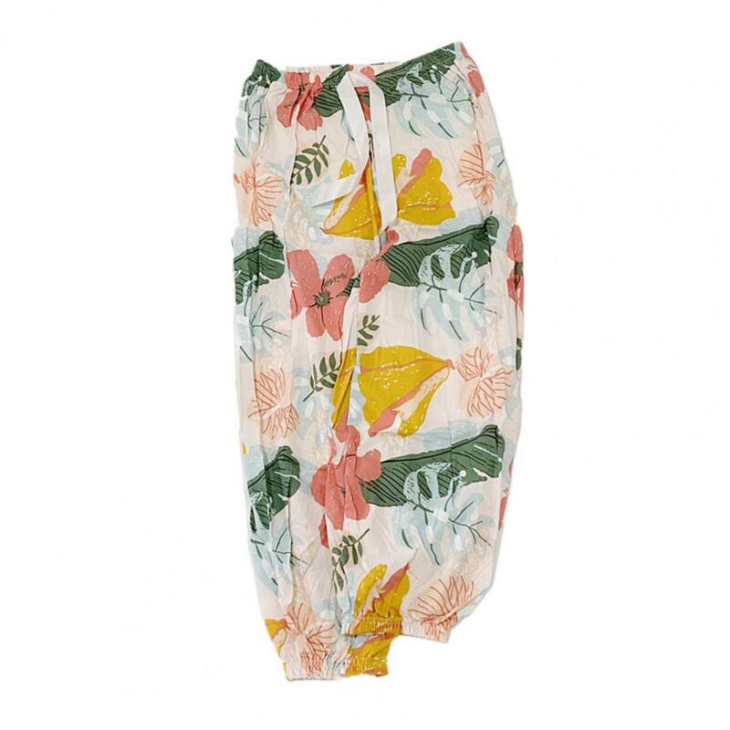 Celana panjang kaki lebar wanita, bawahan Harem kaki lebar motif bunga ringan tipis untuk musim panas