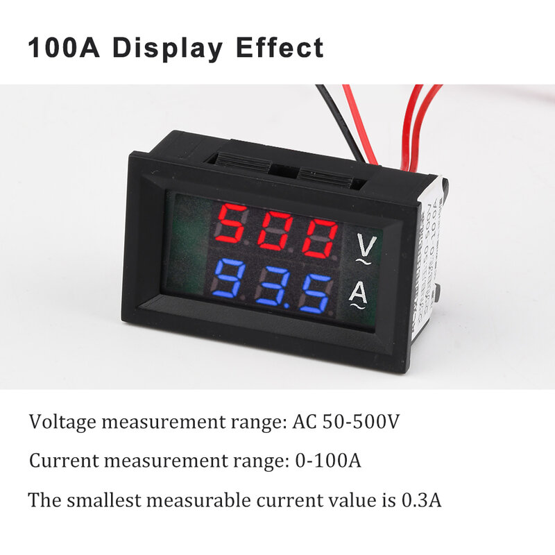 Dual Display Tensão Atual Medidor Detector, Voltímetro LED, Amperímetro, Detector com Transformador, AC 220V, 10A, 50A, 100A