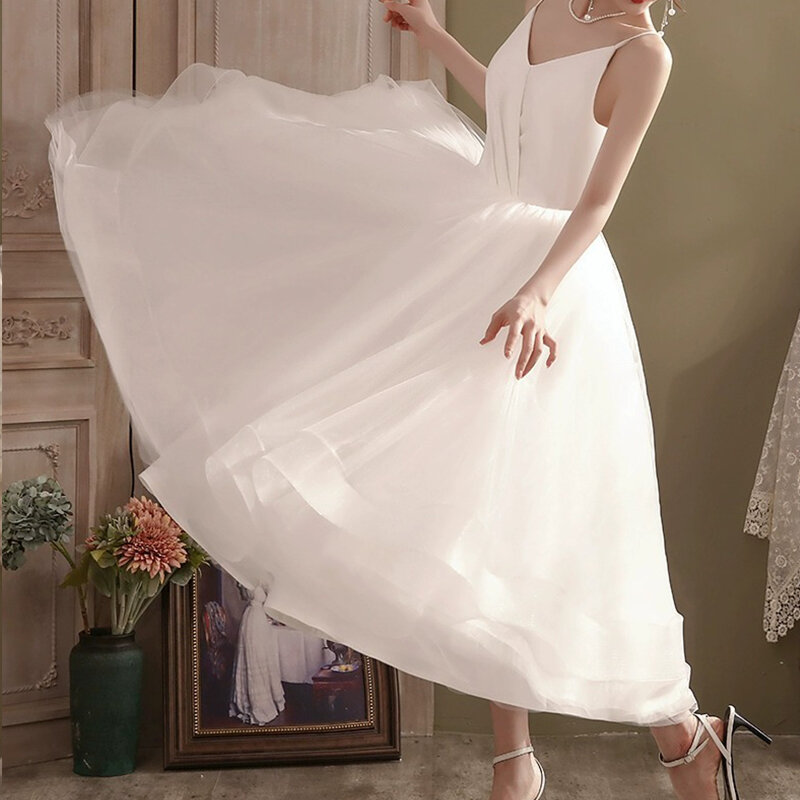 French White Sling Satin Wedding Dresses For Bride Elegant Sexy Slim Puff Sleeve Long Prom Party Dress Women Formal vestidos