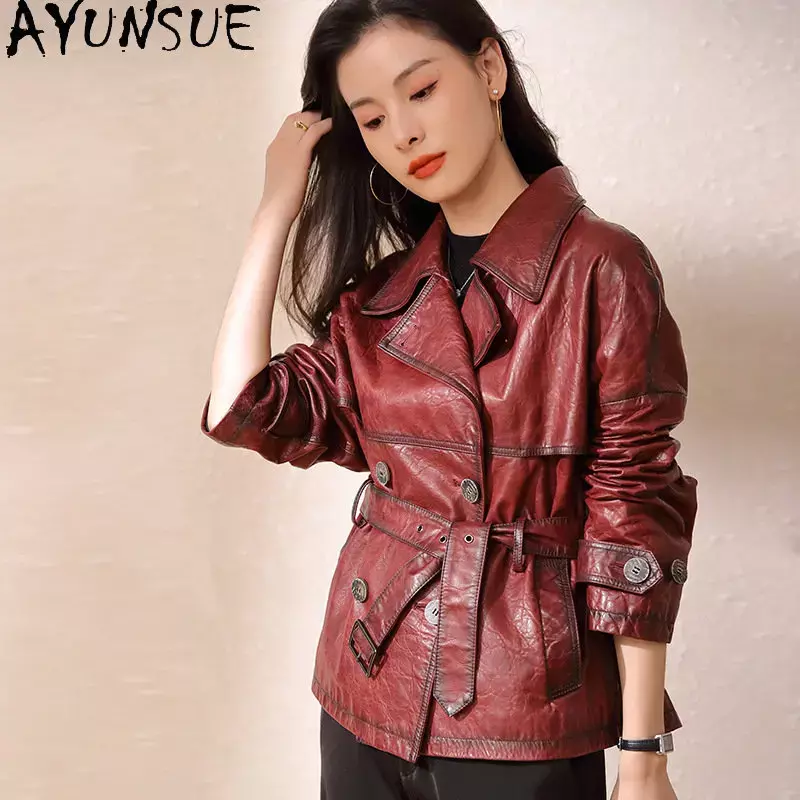 AYUNSUE-Chaqueta de piel auténtica para mujer, abrigo Vintage de piel de oveja auténtica, chaquetas ajustadas de cuero con cordones elegantes, 2023