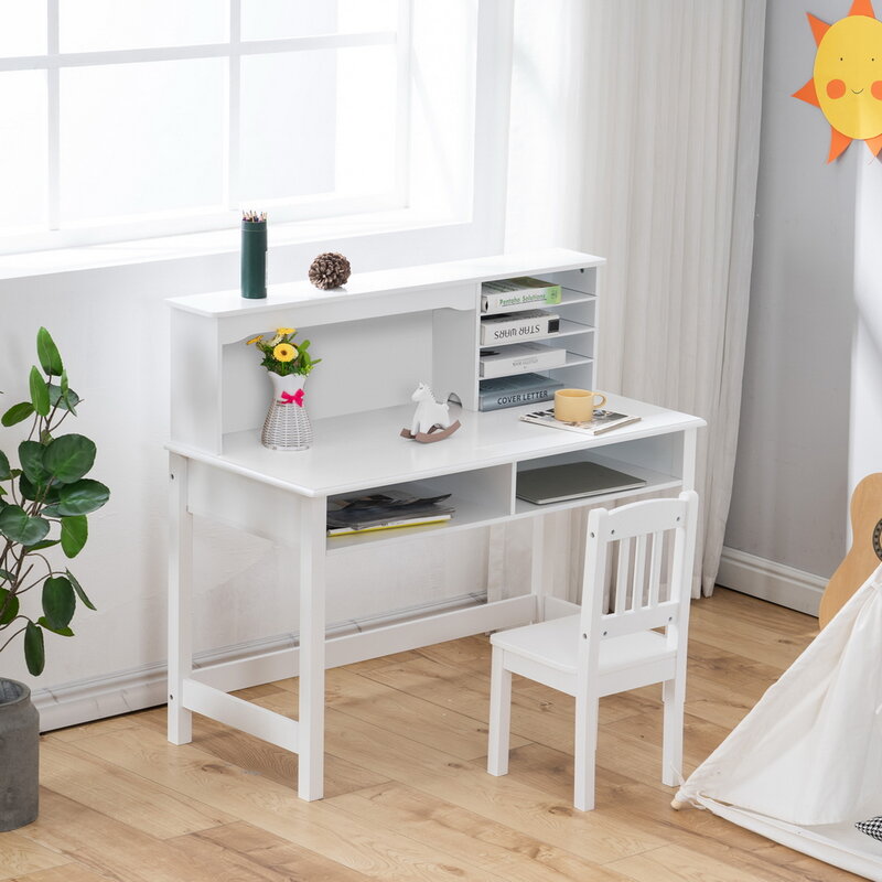 Painted Student Learning Table and Chair Set Kids Study Desk White 5-Layer Shelf Desktop  Multifunctional 110x60x66CM[US-Stock]