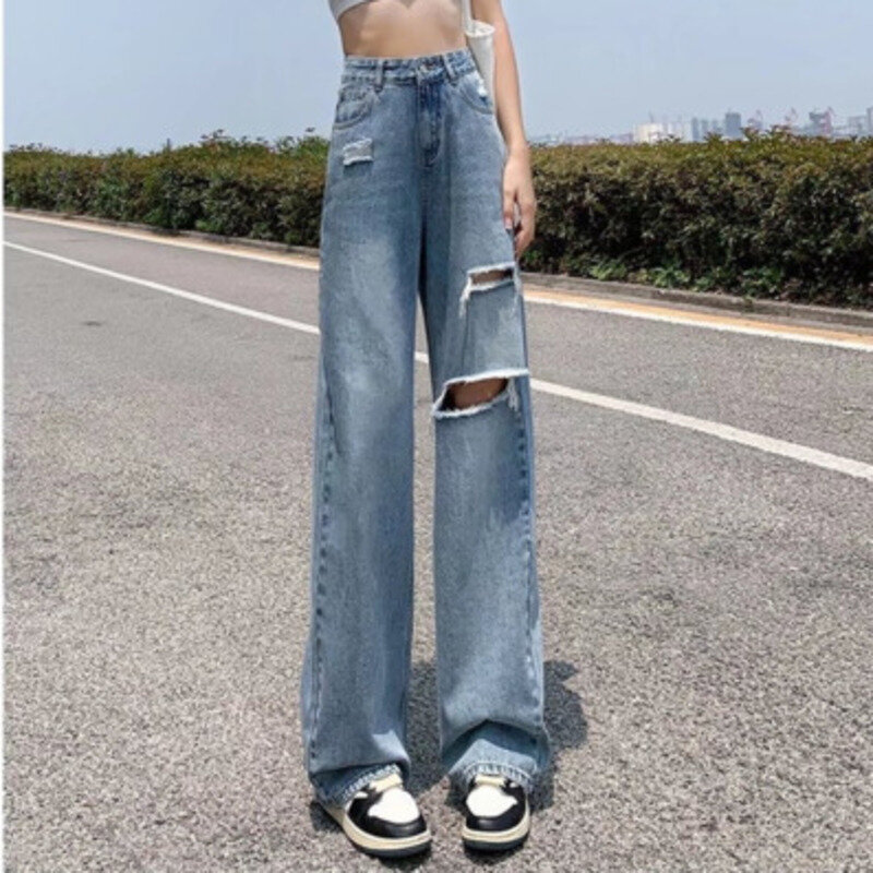 Calça jeans feminina perfurada, fina, larga, emagrecedora e solta, calça de perna reta pequena, nova, verão, 2022